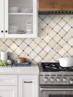 White Kitchen with Light Travertine Tile Blue Glass BA1029