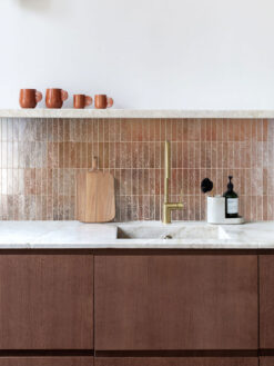 Brown Cabinets withModern Rose Gold Metallic Backsplash Tile BA6206