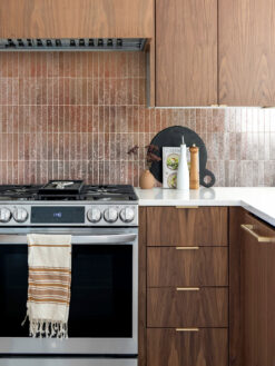 Brown Kitchen Cabinet with Modern Rose Gold Metallic Backsplash Tile BA6206