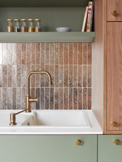 Green Cabinets with Modern Rose Gold Metallic Backsplash Tile BA6206